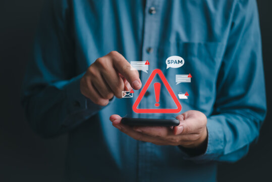 Mobile phone cybersecurity with spam message icon and warning notification internet social network alert hacker scam business technology