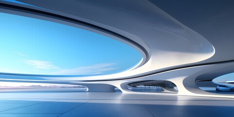 3d render of abstract futuristic architecture with empty concrete floor. Scene for car presentation,blue sky