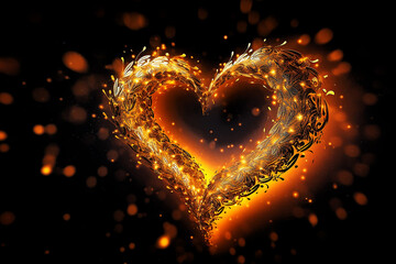 Beautiful golden sparkle hearts pattern on black background. Ai generative.