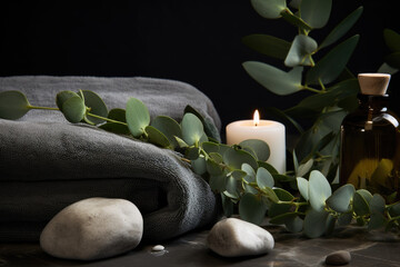 Spa composition with eucalyptus essential oil, leaves and towels 