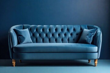 Stylish blue fabric sofa with wooden legs on blue background with shadow. Fashionable comfortable single piece of furniture. Blue interior, showroom.