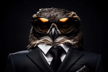 Poster Funny owl with sunglasses in a suit on a black background. © vlntn