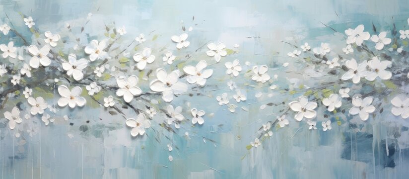 In a serene landscape an abstract floral design of white flowers blooms against a vibrant blue sky reflecting their beauty in the calm waters below embodying the essence of summer and the w