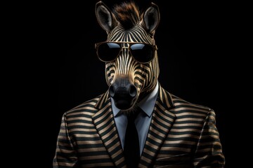 Funny zebra with sunglasses in a suit on a black background.