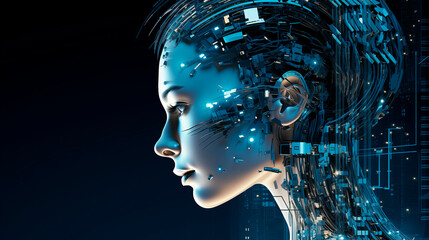 A woman's face combined with electronics. AI or artificial intelligence in the image of the robot's head. Cyborg in the form of a girl with an electronic brain - obrazy, fototapety, plakaty