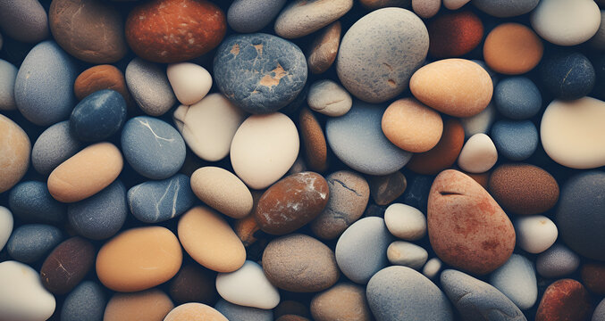 Textured natural pebbles stone wallpaper background, Closeup of weathered pebbles on the riverbed These pebbles have a worn and weathered appearance, with various cracks and lines running through the

