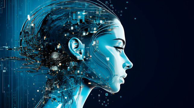 A woman's face combined with electronics. AI or artificial intelligence in the image of the robot's head. Cyborg in the form of a girl with an electronic brain
