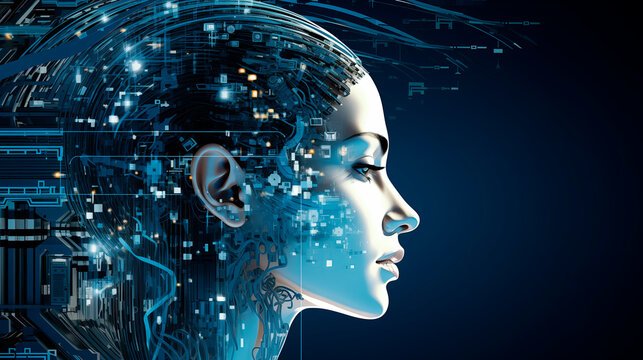 A woman's face combined with electronics. AI or artificial intelligence in the image of the robot's head. Cyborg in the form of a girl with an electronic brain