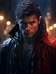 Dark-Haired handsome man in red wet leather jacket standing in the rain at night