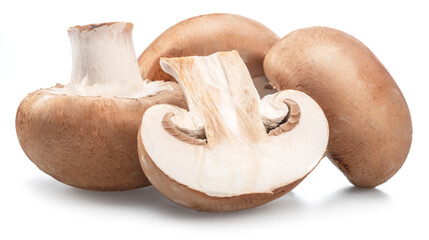 Ripe royal champignon mushrooms with slices of champignons  on a white background.
