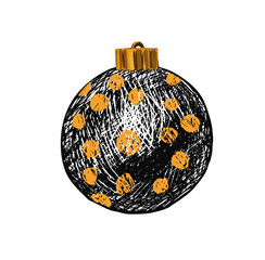 Christmas tree toy, graphic textured ball of black lines with bright yellow spots. Isolated vector object on white background. Design element of  New Year's sale banner, print, postcard,  invitation