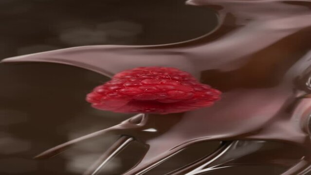 Dark chocolate raspberry splashing  and falling in slow motion on glittery bokeh background