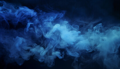Black scene with blue smoke in the background. Blue mist on the ground. Fog backdrop. - obrazy, fototapety, plakaty