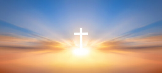 White shining Christian cross on the orange cloudy sky background - Powered by Adobe