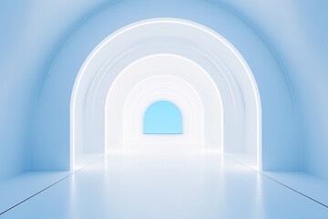 Futuristic empty blue and white tunnel. Round corridor with light for showcase and display products.