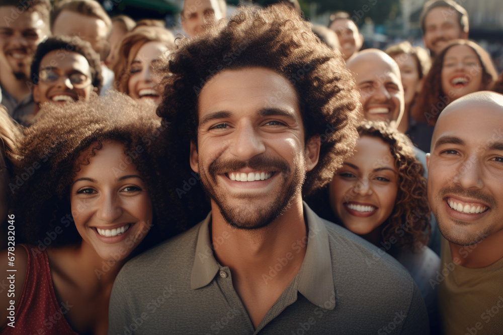 Poster group of people standing together in front of crowd. this image can be used to represent unity, team
