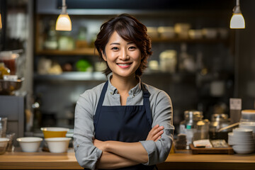 Asian female chef smiling in kitchen restaurant business concept