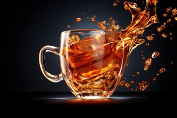 Transparent cup of tea with ice cube and splashes on a black background.
