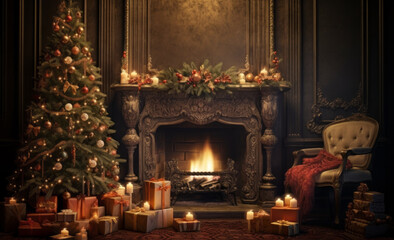 A Cozy Christmas Living Room with a Festive Tree and Warm Fireplace