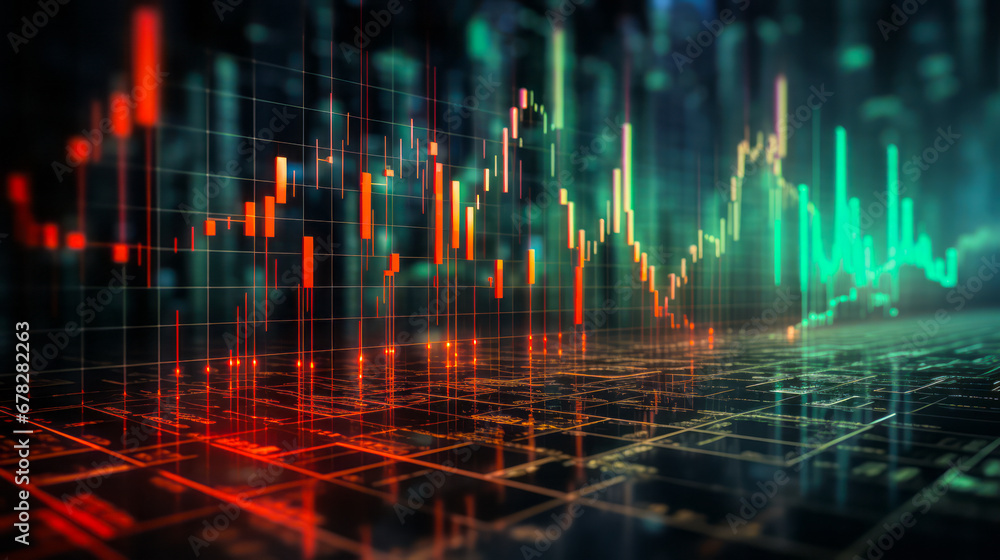 Poster backdrop of fluctuating stock market numbers and symbols, emphasizing green up-arrows and red down-a