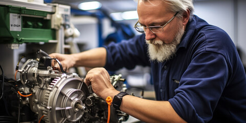 portrait of Electric Motor and Switch Assembler Repairer, who Test, repair, rebuild, and assemble electric motors, generators, and equipment