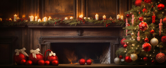 A Cozy Christmas Fireplace Aglow with Candles and Sparkling Ornaments