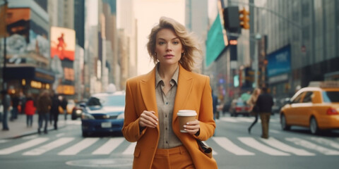Fototapeta premium Sophisticated Businesswoman Enjoying a Coffee-to-go Amidst the Urban Bustle AI generated