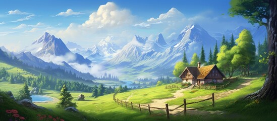 From the house on the edge of the forest they gazed admiringly at the stunning landscape a picturesque summer scene with lush green trees against a backdrop of snow capped mountains all set 