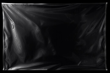 Transparent plastic wrap overlay on black background. Horizontal stretched polyethylene cover. - obrazy, fototapety, plakaty