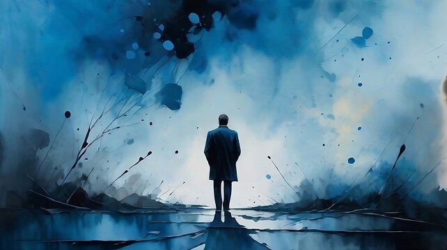 Silhouette of a lonely man Surrounded by blue color chaotic paint splatter, blue background, feeling of depression, Loneliness and contemplation. Mental health, blue Monday concept.