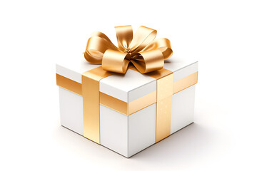 Weißes Geschenk mit goldener Schleife auf weißem Hintergrund, erstellt mit generativer KI