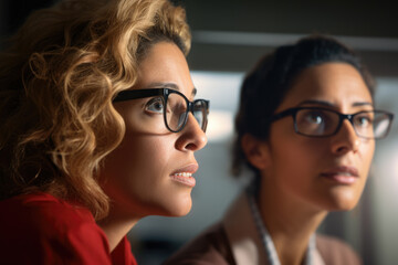 Two women wearing glasses are engaged in focused observation. This image can be used to depict curiosity, examination, or concentration in various contexts