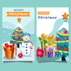 Set of cards for the Christmas holiday. Christmas cards with a snowman, Christmas tree, Christmas tree decorations and gifts. vector