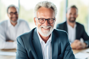 Man with beard and glasses sitting at table. Suitable for business or casual lifestyle concepts