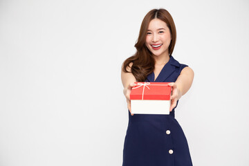 Happy beautiful Asian woman smile and holding gift box isolated on white background. Receiving...