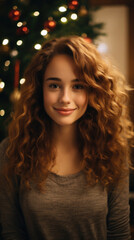 Fototapeta premium Portrait of a beautiful young woman with long curly hair near the Christmas tree.