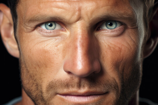 Close-up view of man's face with striking blue eyes. This image can be used to convey emotions, express intensity, or represent captivating gaze. It is suitable for various projects and designs