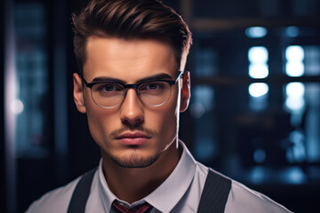 Young man wearing glasses and tie. This image can be used to represent professionalism and intelligence in various business and professional settings