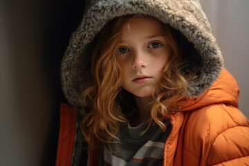 Young girl wearing jacket and hood. Suitable for outdoor activities in cold weather
