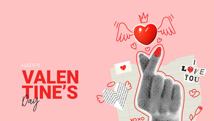 Retro banner for Valentine's day. Vector illustration with halftone hand shows heart sign. Vintage collage with cut out symbols of Valentine's day. Hand gesture with halftone effect. - obrazy, fototapety, plakaty