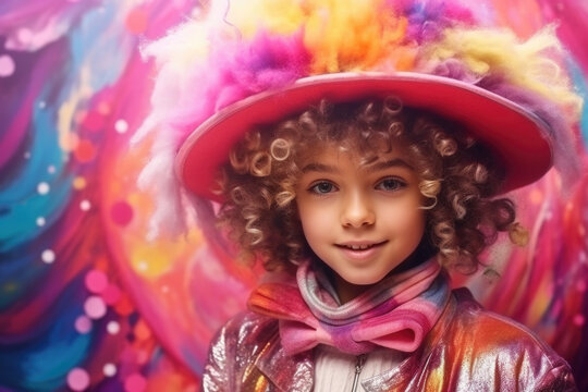 Picture of little girl wearing colorful hat and jacket. This image can be used to depict cheerful and vibrant child in various settings