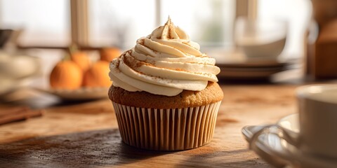 Pumpkin cupcakes on a white table topped with cream cheese frosting and dusted with cinnamon,...