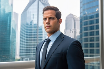 Fototapeta premium Man wearing suit and tie standing in front of window. Perfect for business or office-related concepts