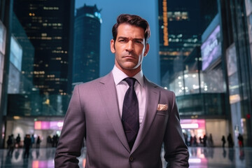 Professional man wearing suit and tie standing in bustling city. This image can be used to depict concepts such as business, urban lifestyle, success, and corporate environments