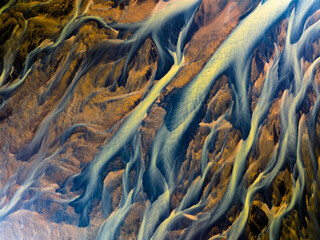 Aerial photo of a glacial river in Iceland