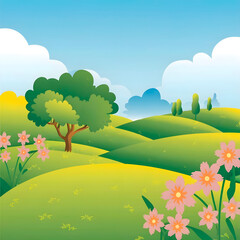 landscape illustration with trees and flower