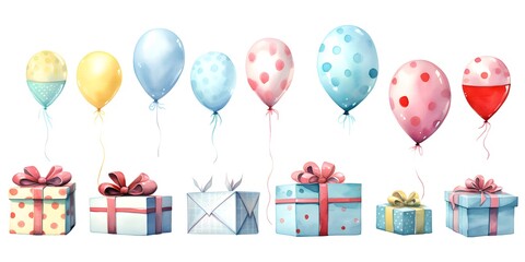 Set of balloon cake party hats and gift boxes watercolor flat vector illustration on white background
