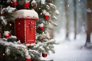 Red Post Box in Snow at Christmas. Mail Santa - obrazy, fototapety, plakaty