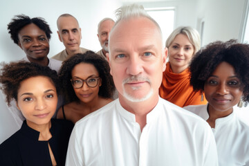 Fototapeta premium Picture of group of people standing next to each other. This image can be used to represent teamwork, community, diversity, or friendship. It is suitable for various projects and publications