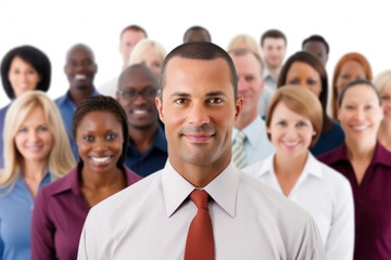 Obraz premium Man confidently stands in front of group of people. This image can be used to depict leadership, public speaking, team management, or group dynamics
